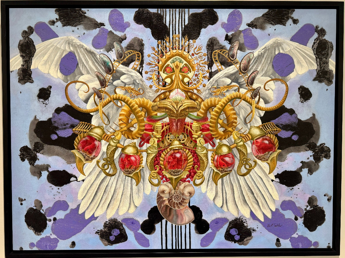 Decorative artwork with a central butterfly design featuring gold, red, and white colors on a beige background.