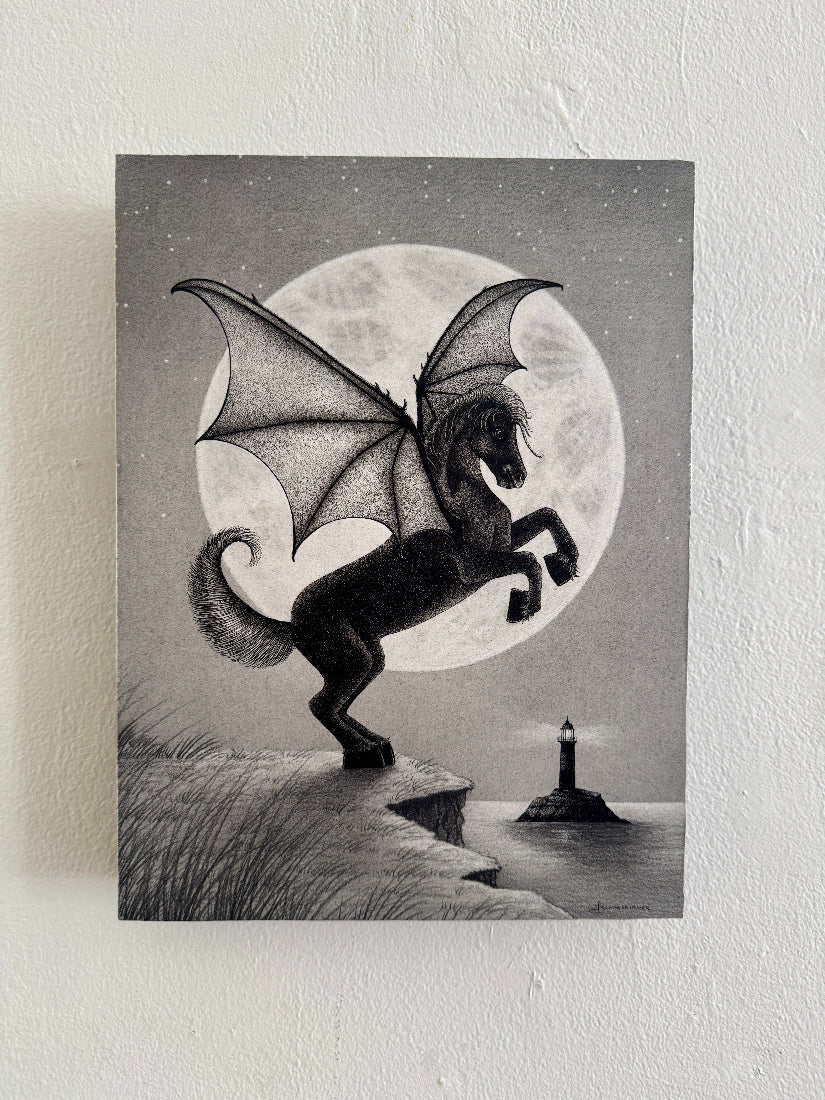 Drawing of a dragon and horse hybrid creature with wings, standing on a cliff with a lighthouse and moon in the background.