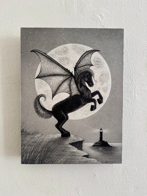 Drawing of a dragon and horse hybrid creature with wings, standing on a cliff with a lighthouse and moon in the background.
