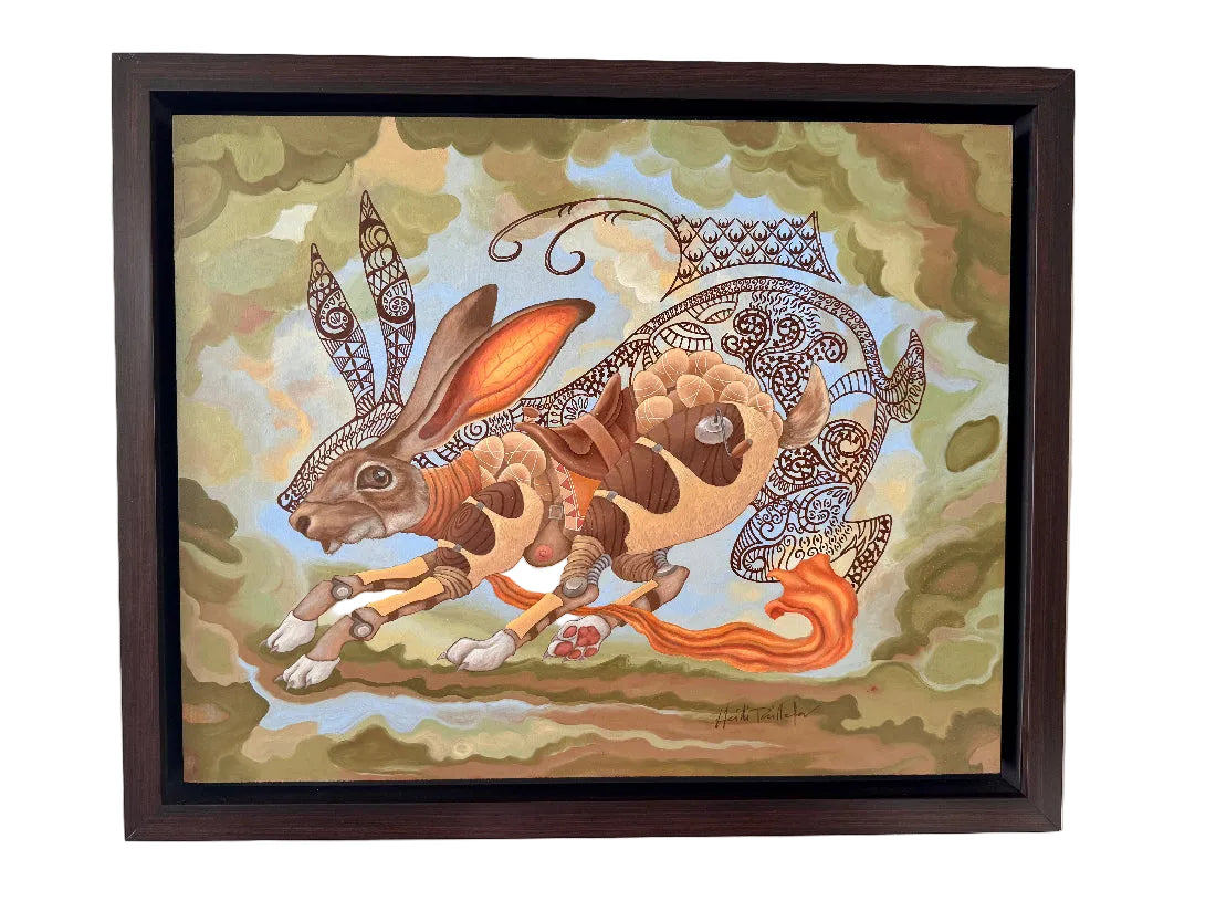 Framed artwork of a stylized rabbit with fish tail on a textured background