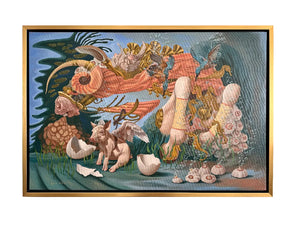 Framed artwork with surreal elements on a wall