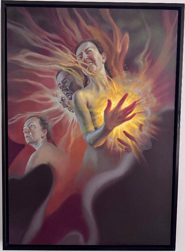 A framed surreal painting hanging on a white wall, depicting three stylized human figures with glowing yellow-orange light and dark red, purple, and black tones.