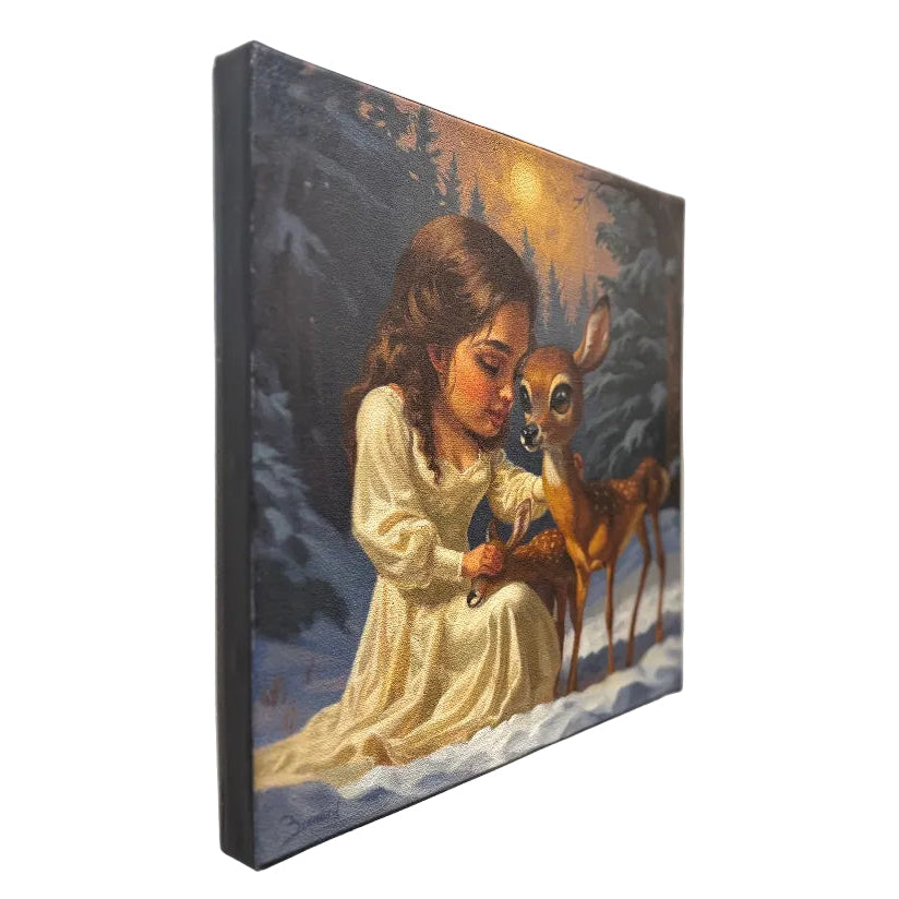 Painting of a girl interacting with a deer in a forest setting