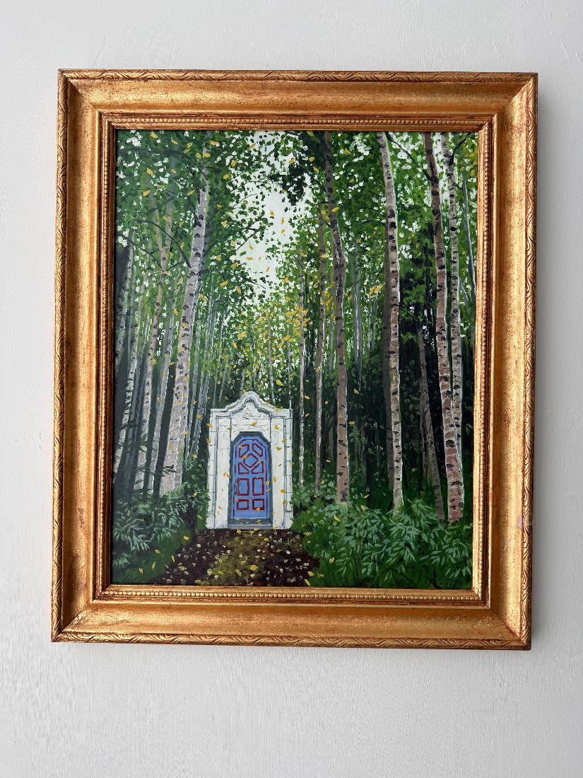 Painting of a door in a forest with birch trees