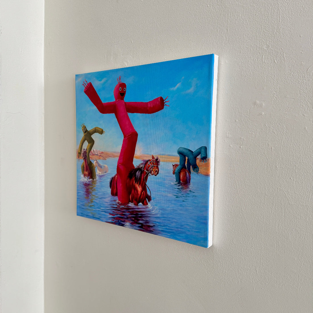 Artistic depiction of inflatable characters in water on a wall-mounted canvas.