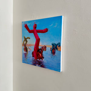 Artistic depiction of inflatable characters in water on a wall-mounted canvas.