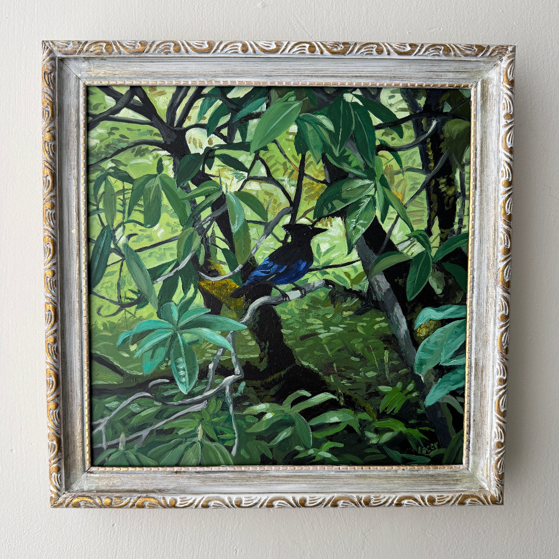 Painting of a blue jay perched among green foliage