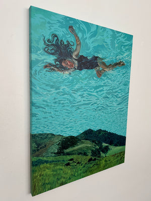 Painting on canvas of a woman swimming underwater with a landscape in the background