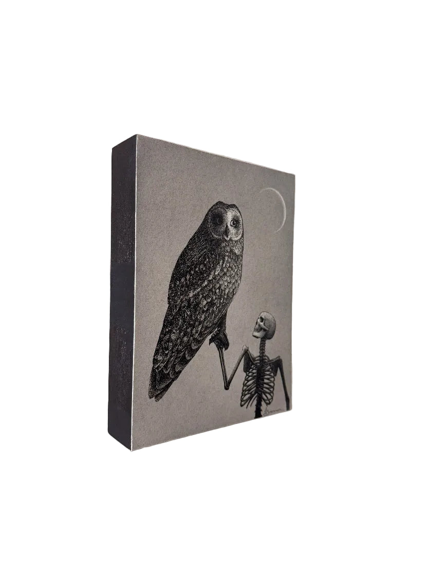 Drawing with an owl and skeleton on a gray background, mounted on a white wall.
