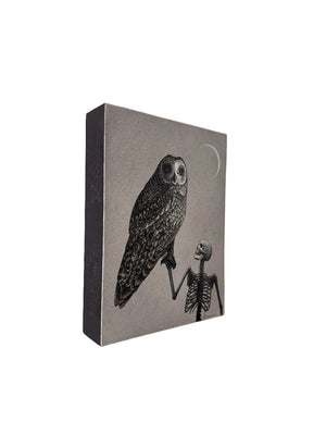 Drawing with an owl and skeleton on a gray background, mounted on a white wall.