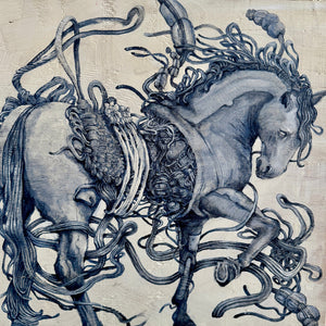 Painting with intricate horse design on a plain background