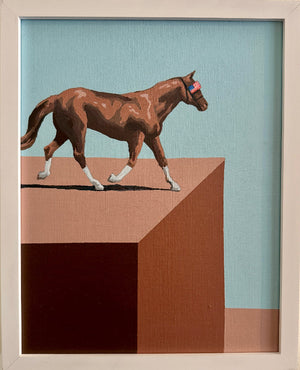 Framed artwork of a horse on a geometric platform against a light blue background.