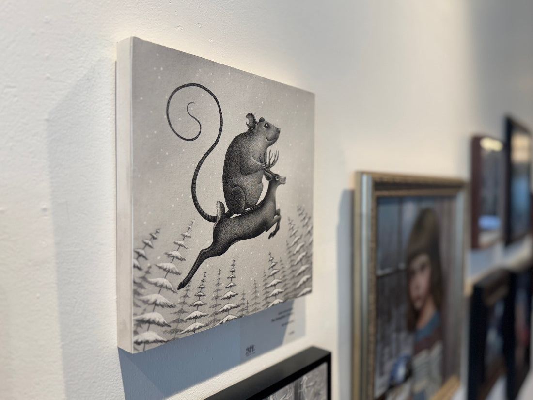 Artwork of a rat on a deer in a gallery setting with other artworks.