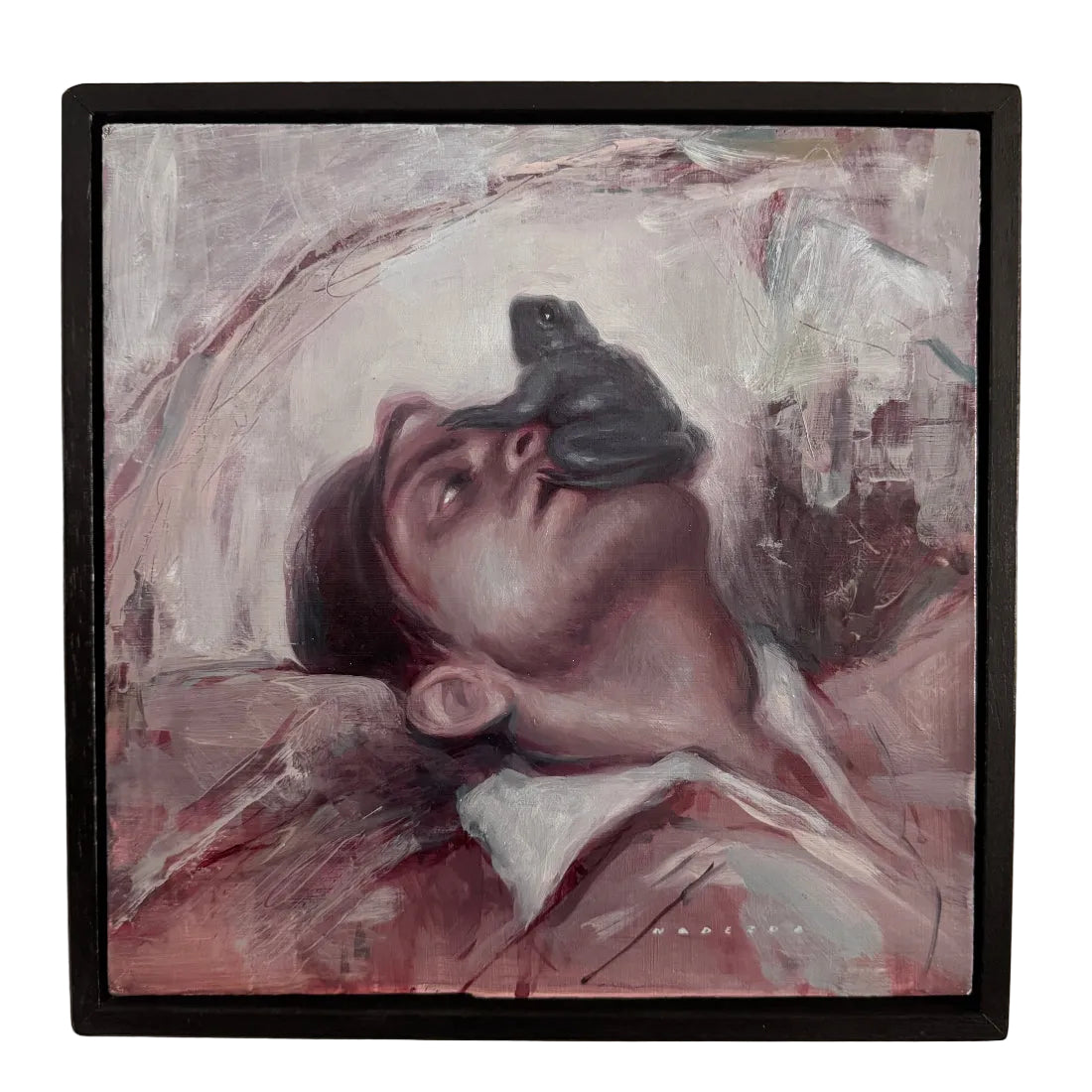 Artistic depiction of a person with a toad on their head in a textured frame.