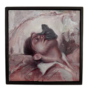 Artistic depiction of a person with a toad on their head in a textured frame.