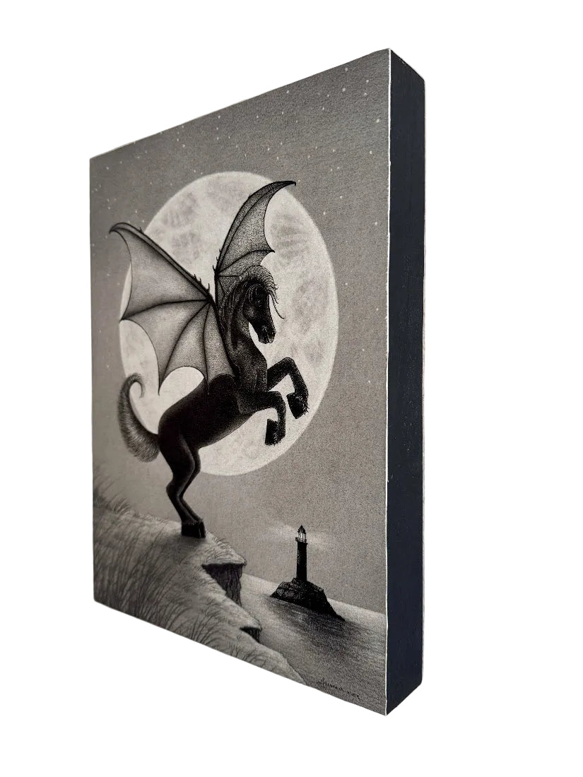 Black and white illustration of a winged horse on a cliff with a lighthouse and moon in the background.