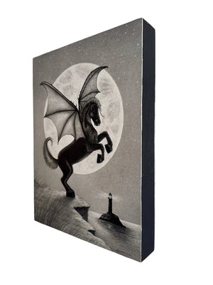 Drawing of a dragon and lighthouse scene against a moonlit sky on a white wall.