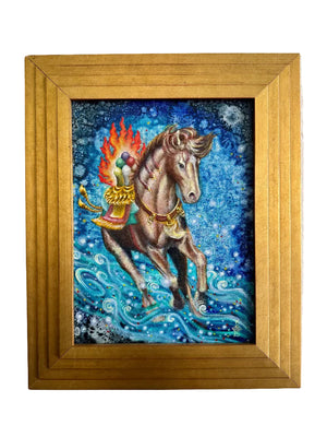 Framed artwork of a horse with a colorful background on a white wall