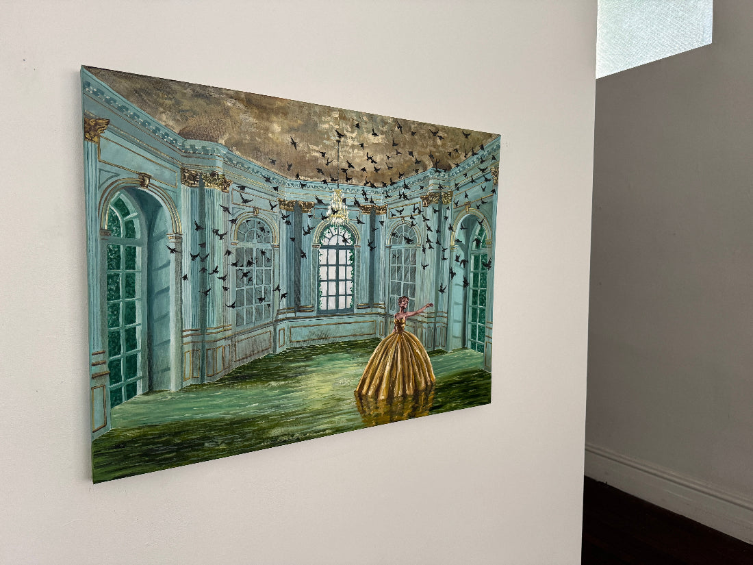 Artistic depiction of a woman in a gold dress in an ornate room with decorative elements.