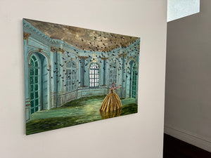 Artistic depiction of a woman in a gold dress in an ornate room with decorative elements.