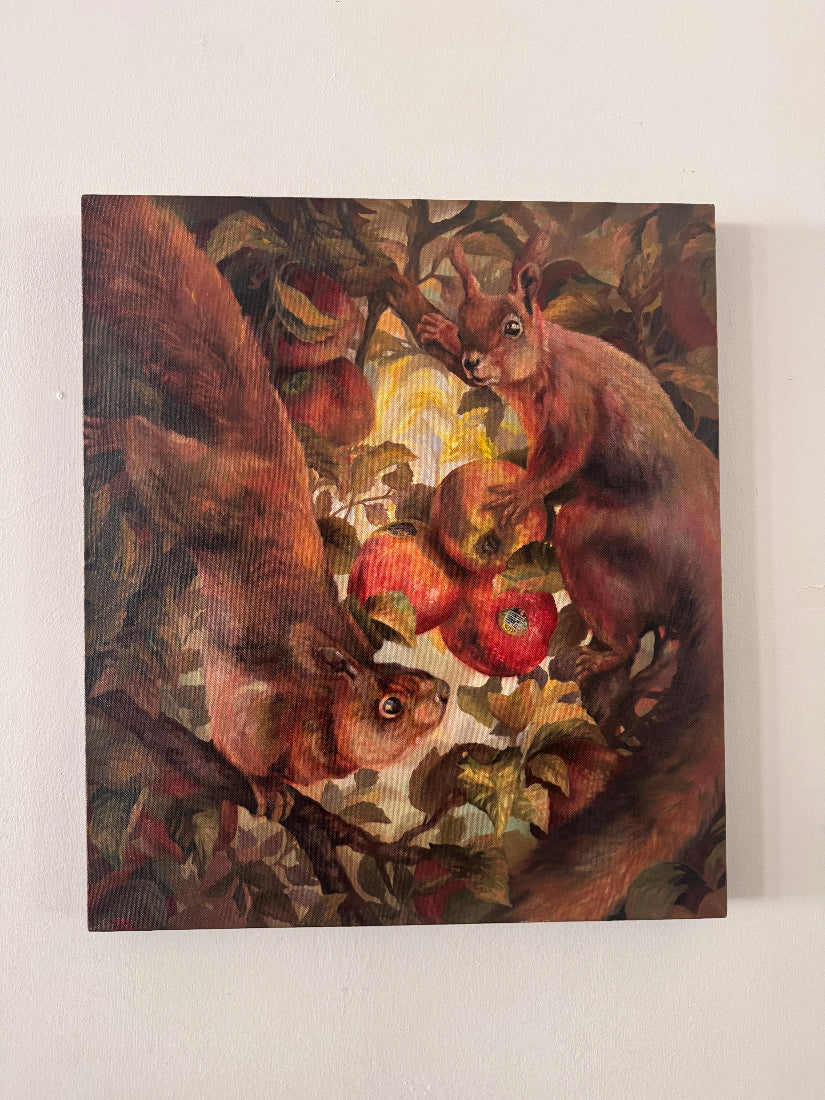Painting of two squirrels among apples on a branch