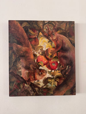 Painting of two squirrels among apples on a branch
