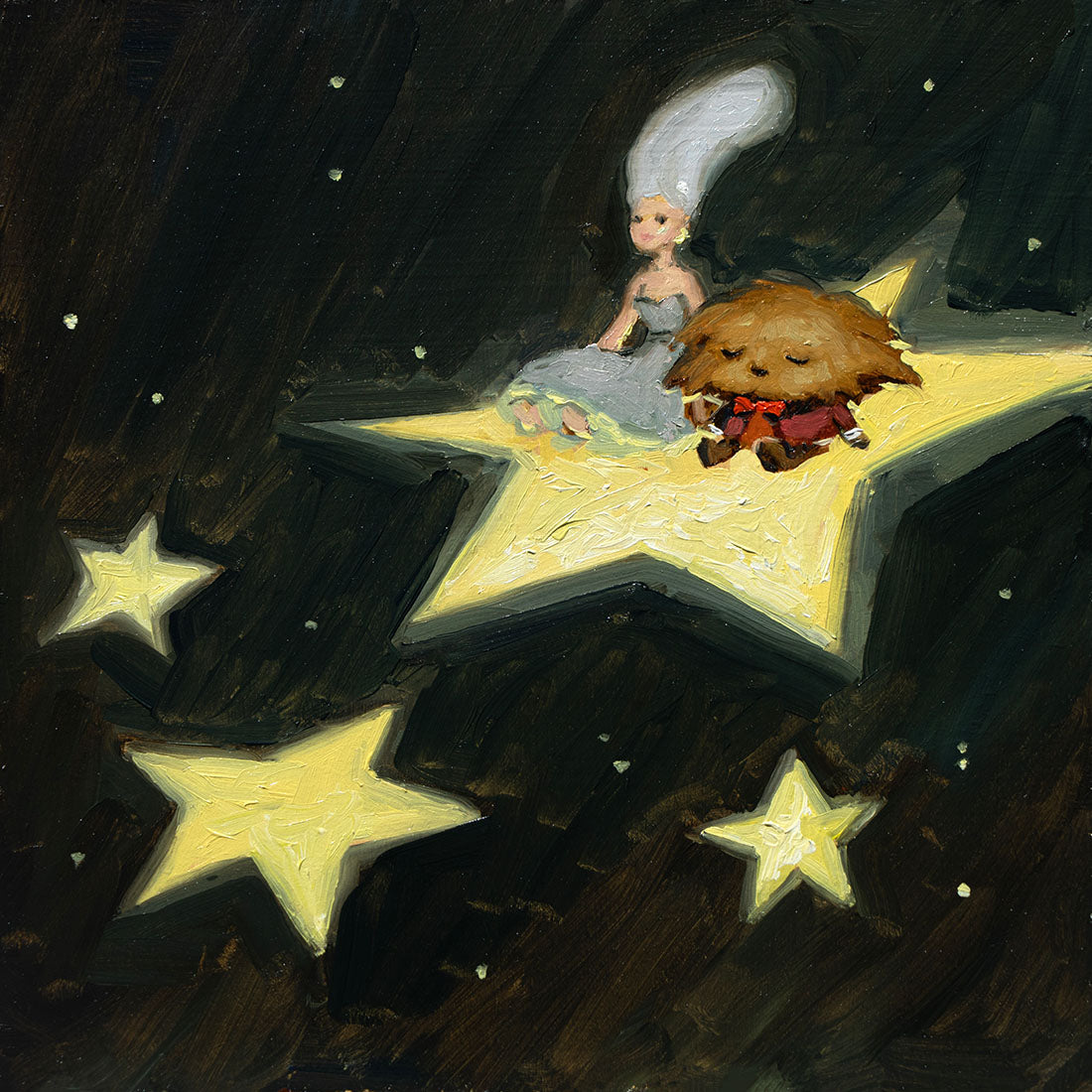 painting of a child and a teddy bear sitting on a star with stars around them.