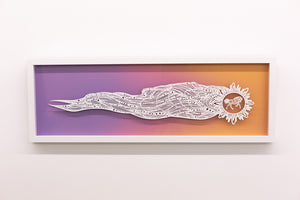 Framed artwork with a white abstract design on a gradient purple to orange background