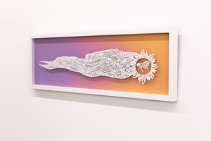 Framed artwork with a stylized horse against a gradient background.