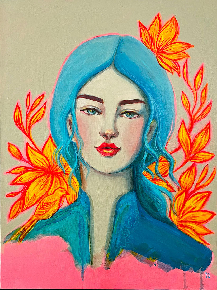 Artistic portrait of a person with blue hair and red lips, surrounded by orange flowers on a pink background.