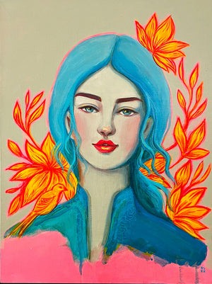 Artistic portrait of a person with blue hair and red lips, surrounded by orange flowers on a pink background.
