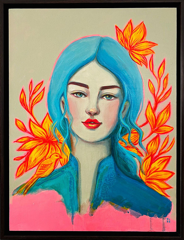 Artistic portrait of a person with blue hair and red lips, surrounded by orange flowers on a pink background.