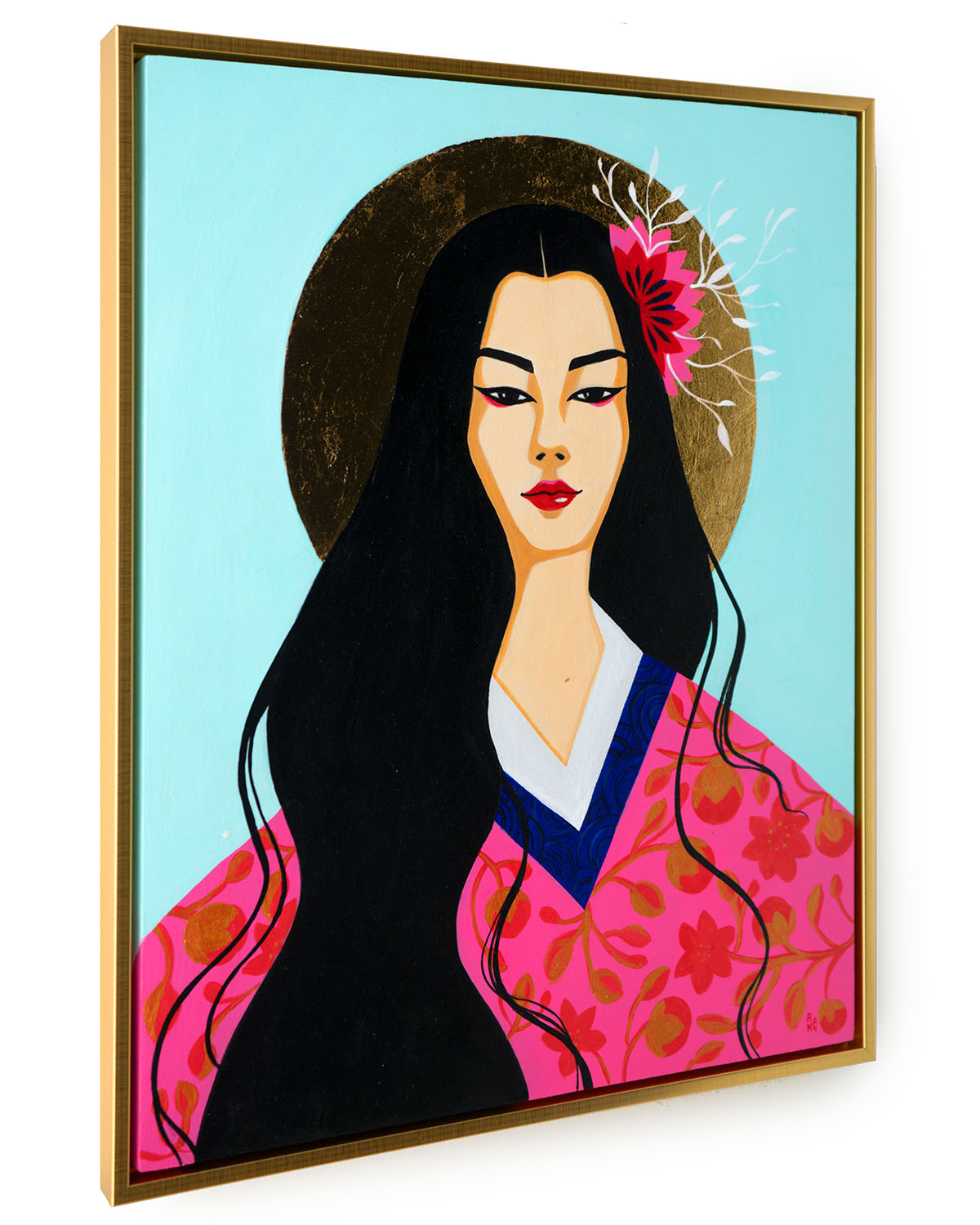 Framed side view of flat color-block acrylic painting of a woman in a pink flower kimono with a gold leaf halo in the style of pre-renaissance tempera paintings.-
