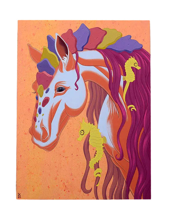 Colorful illustration of a horse with seahorses on an orange background