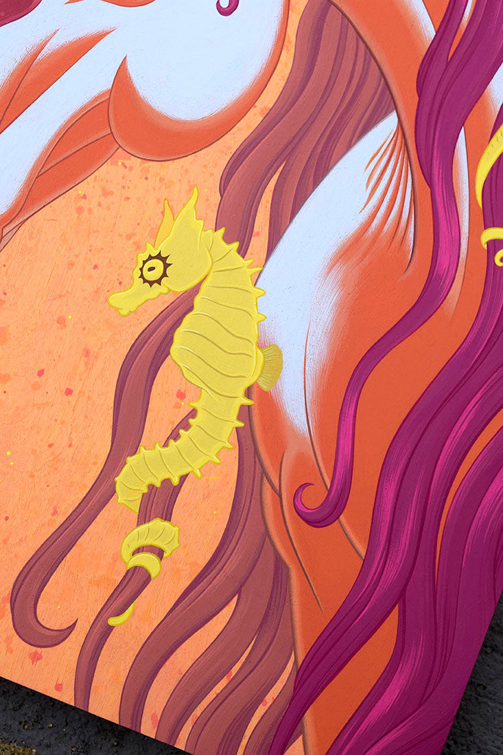 Colorful illustration of a seahorse with wavy lines in the background