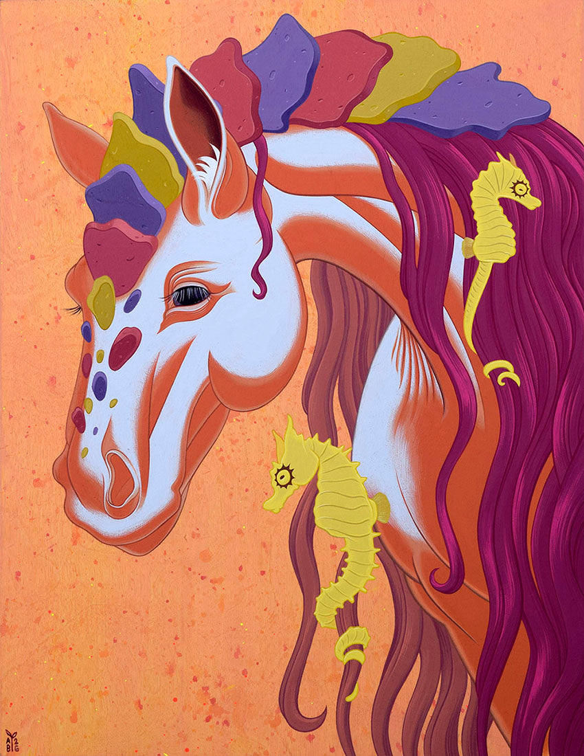 Colorful illustration of a horse with seahorses on an orange background