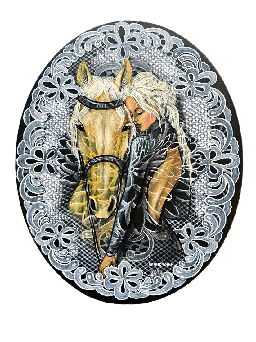 Oval painting with a woman and horse illustration on a wooden background