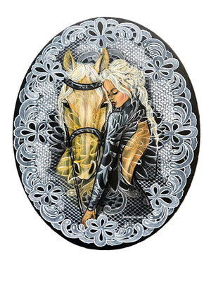 Oval painting with a woman and horse illustration on a wooden background