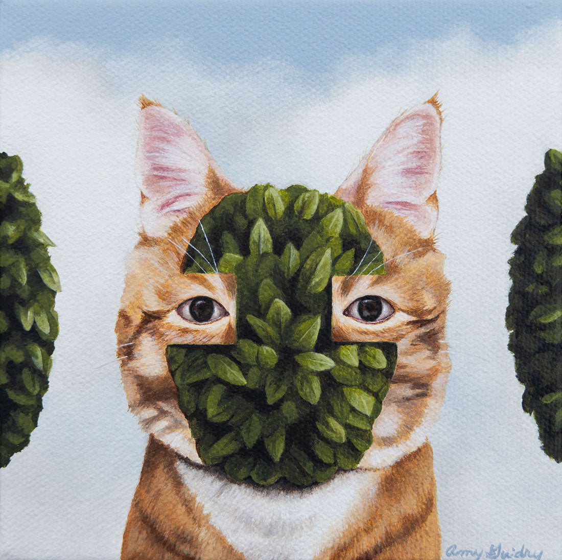 Cat with a leafy green mask on a light blue background