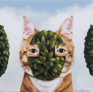 Cat with a leafy green mask on a light blue background