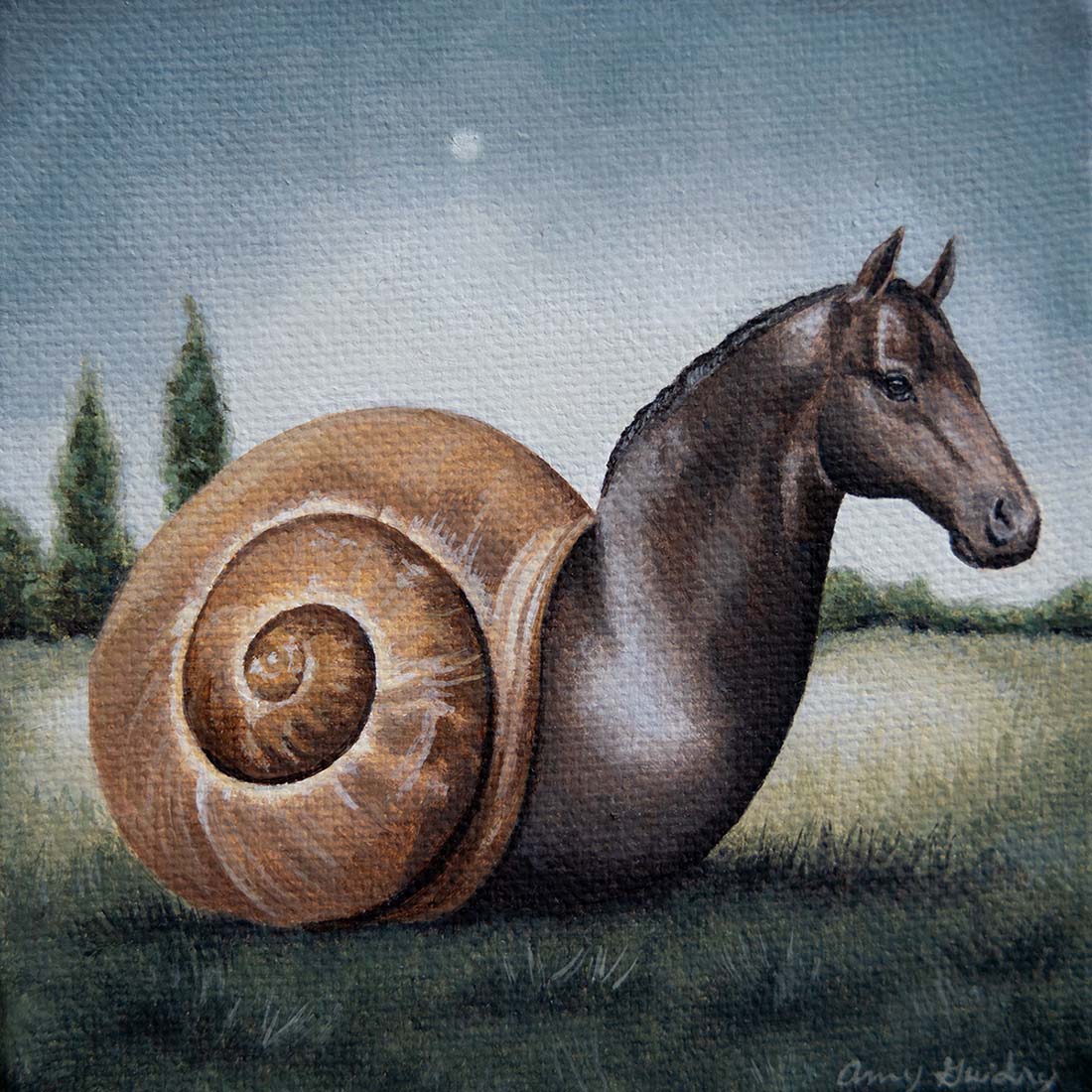 Horse with a snail shell body in a grassy field with trees