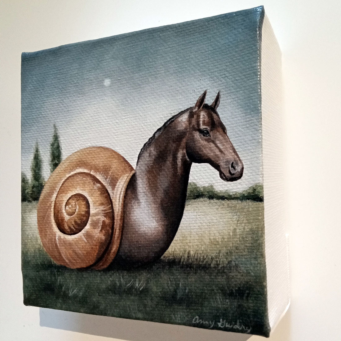 Horse with a snail shell body in a grassy field with trees