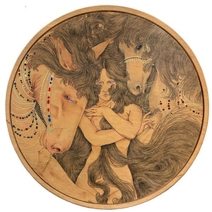 Circular artwork featuring a woman embracing two horses with intricate detailing.