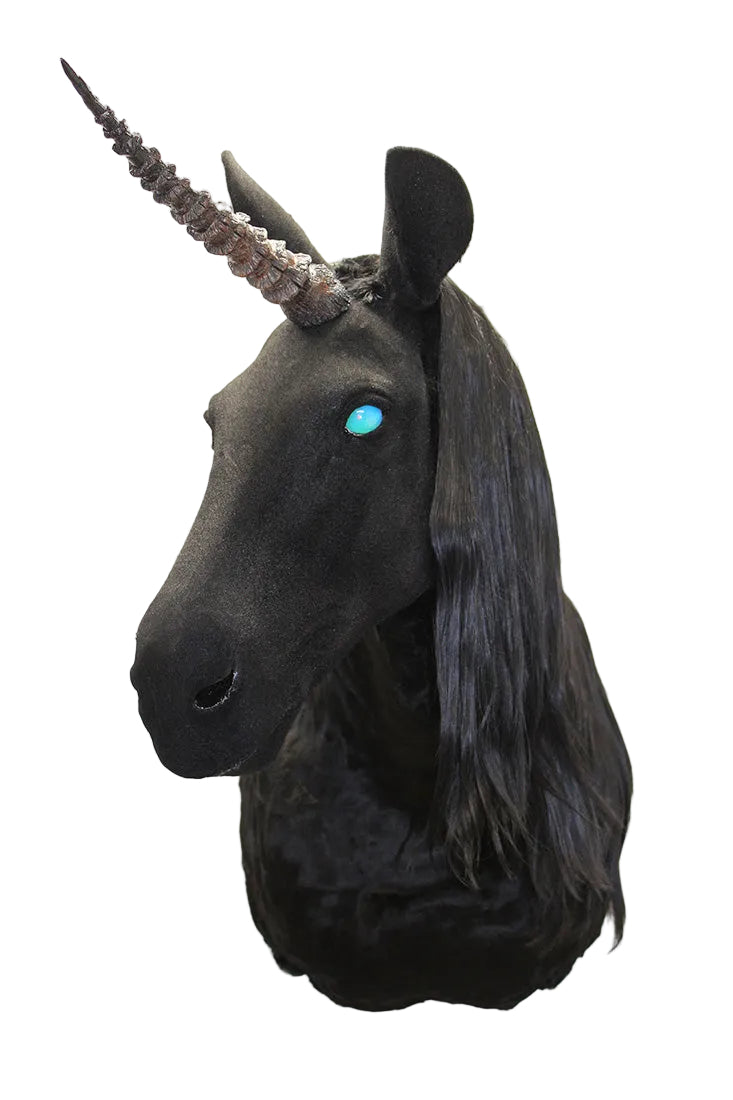 Black unicorn head with a blue eye on a white background