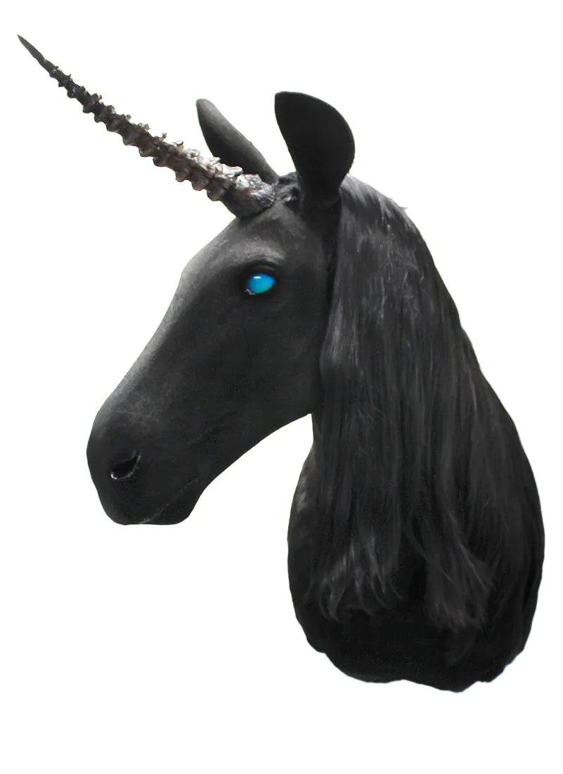 Black unicorn head with blue eyes on a white background