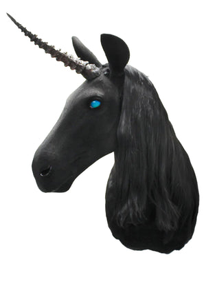 Black unicorn head with blue eyes on a white background