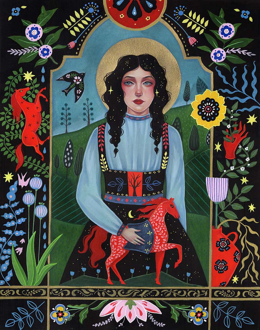 Artistic depiction of a woman with a horse, surrounded by colorful flowers and animals.