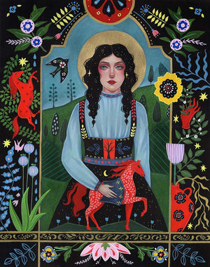 Artistic depiction of a woman with a horse, surrounded by colorful flowers and animals.