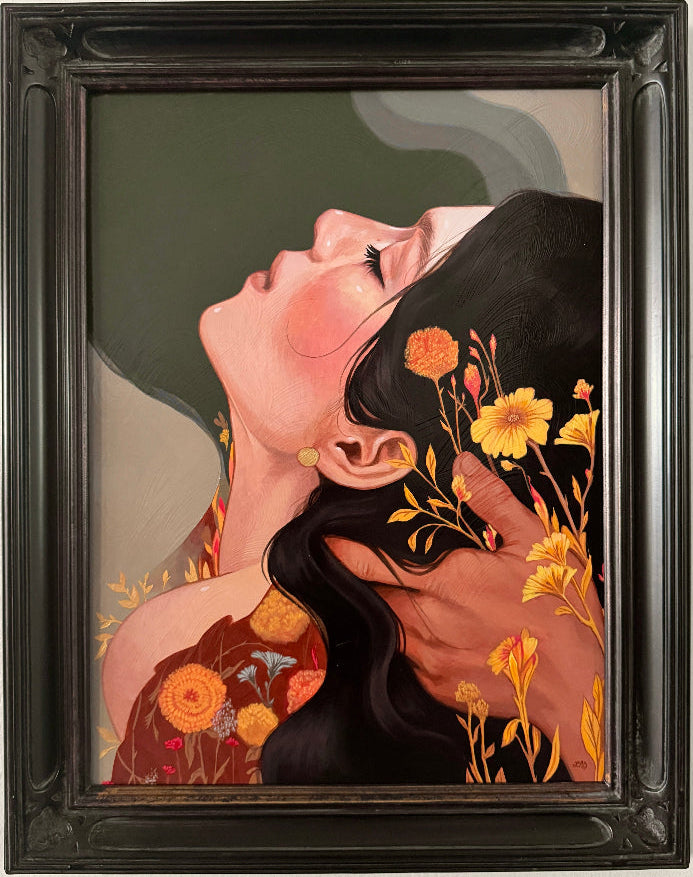 A framed painting featuring a stylized portrait of a woman with closed eyes, dark hair, and yellow flowers, displayed on a light wall.