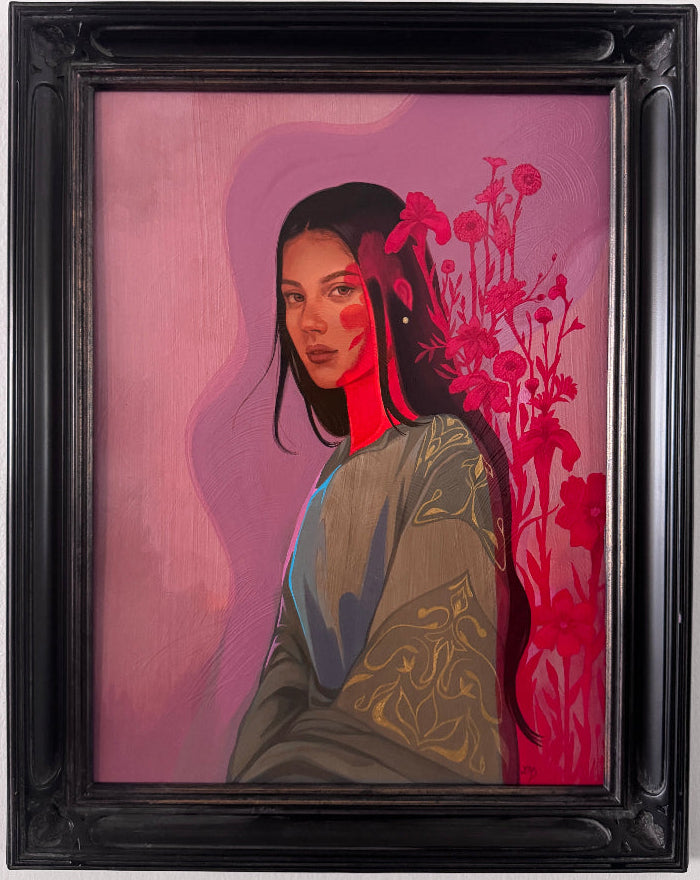 A framed portrait painting of a woman with dark hair, set against a pink and red floral background, housed in a black ornate frame.